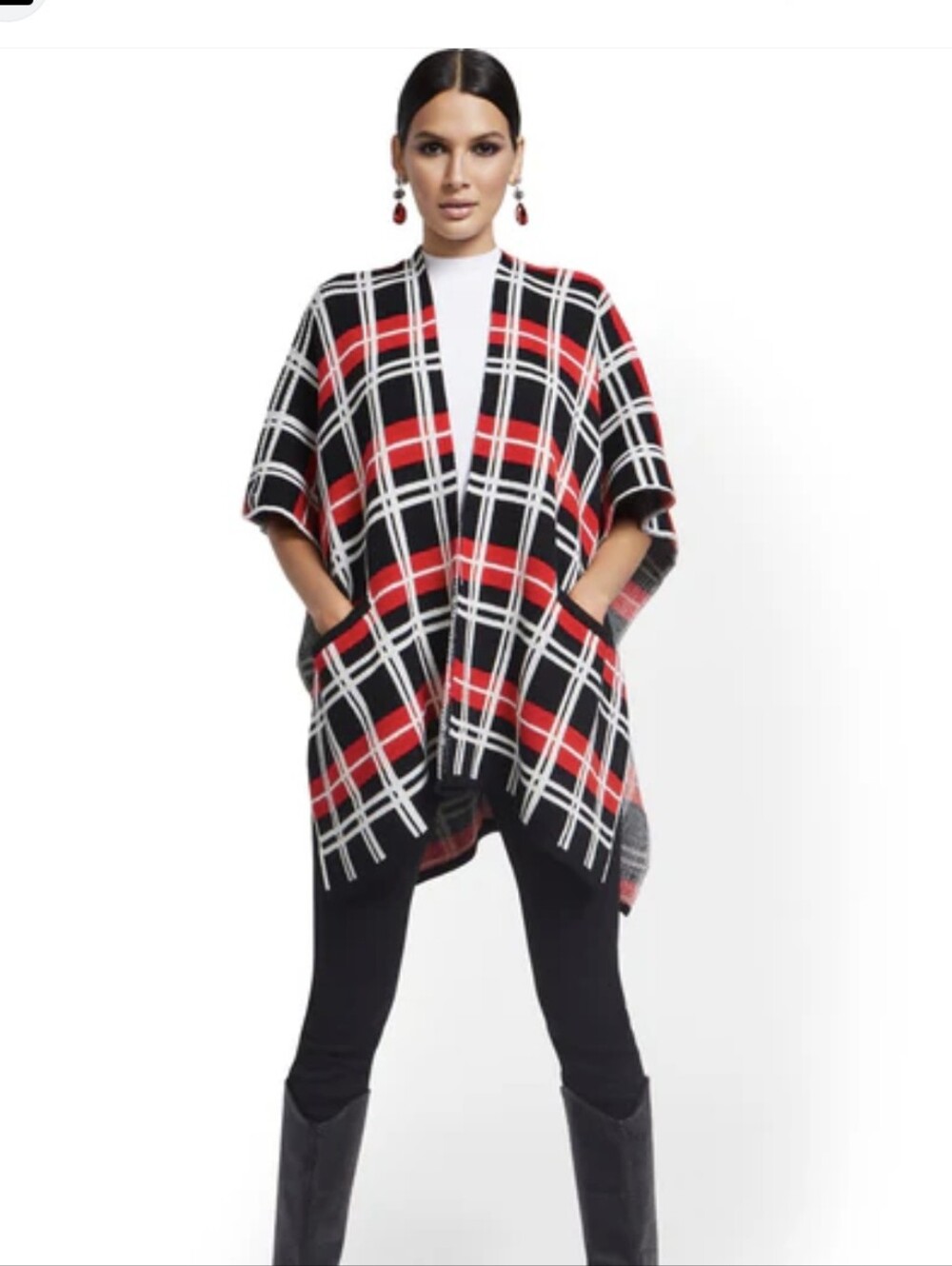 NYC Open-Front Plaid Knit Sweater Coatigan Wrap Cape - Black, Red & White XL New